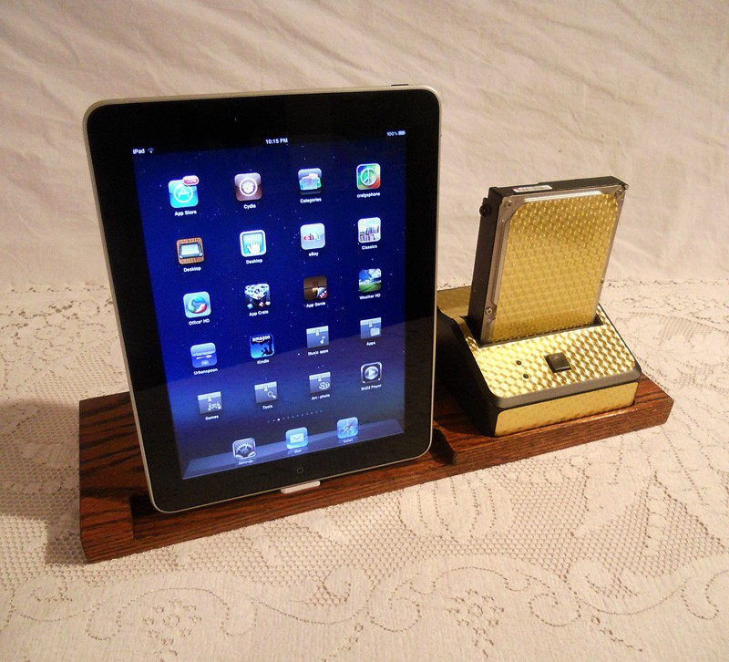 iPad - iPhone - iPod - Dock - Sync and Charging Station plus Hard Drive Bay- Oak - Style V1 Gold Engine Turned(Yes for the iPad )
