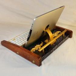 iPad Workstation - Keyboard - Tablet Dock - Victorian Marble Steampunk - Oak - Desktop Workstation